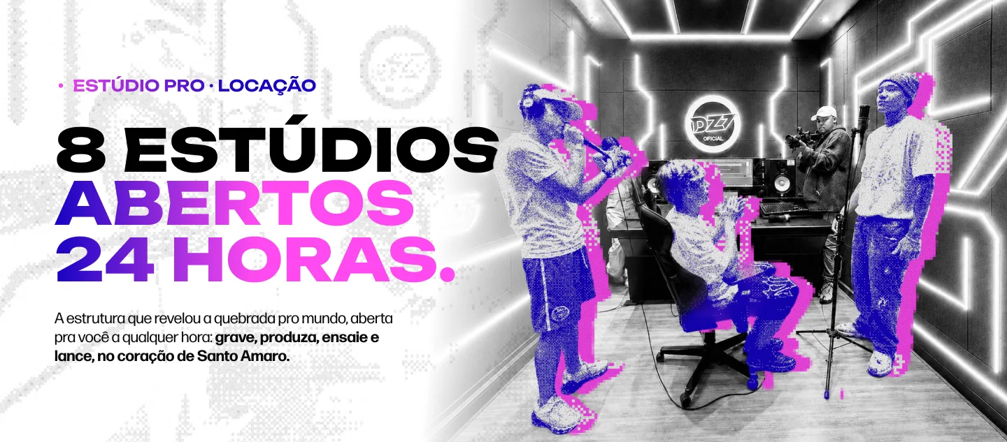 8 estúdios abertos 24 horas. A estrutura que revelou a quebrada pro mundo, aberta pra você a qualquer hora: grave, produza, ensaie e lance, no coração de Santo Amaro.